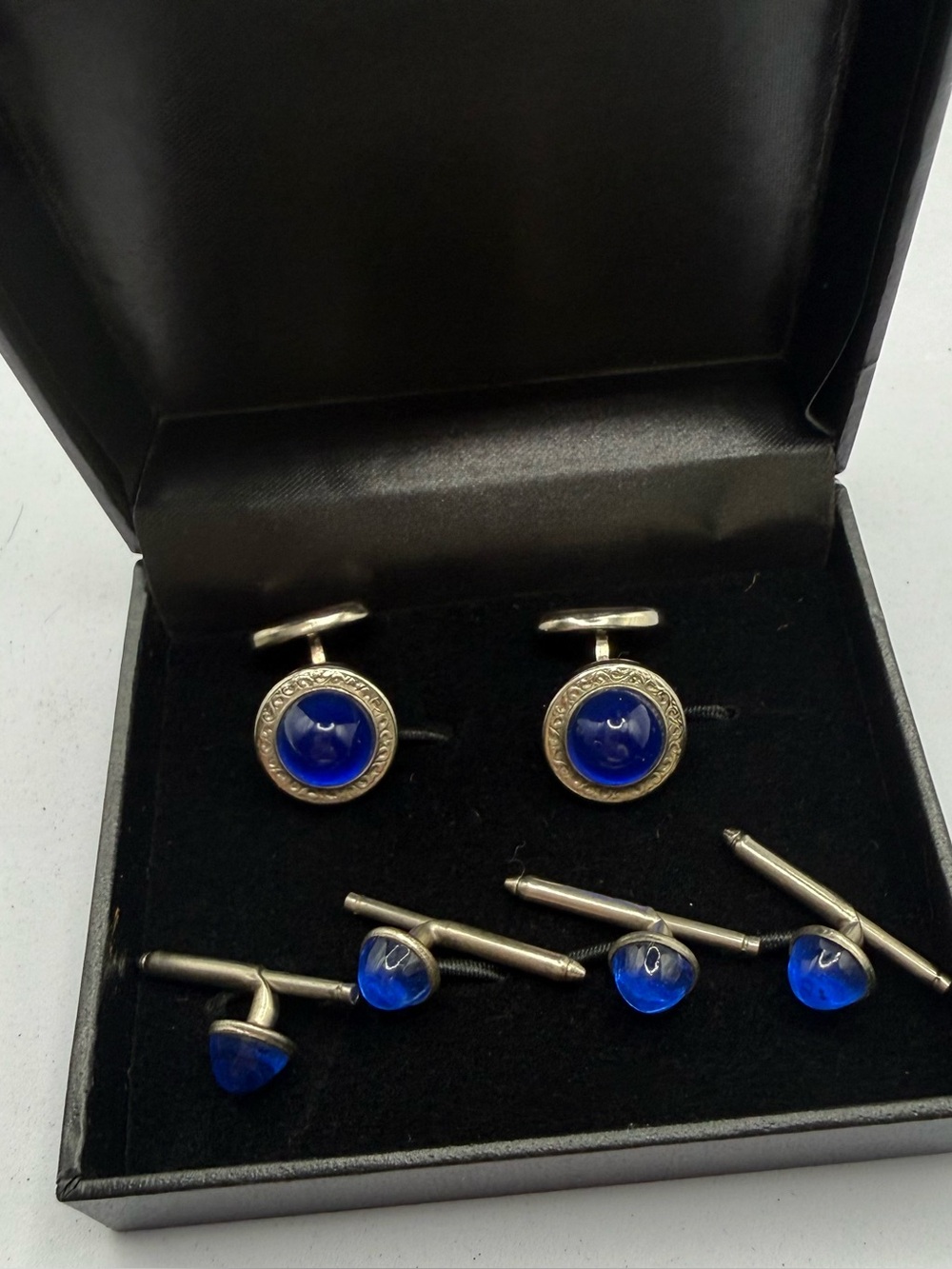 Antique Silver-Tone Cobalt Blue Cufflinks and Studs Set